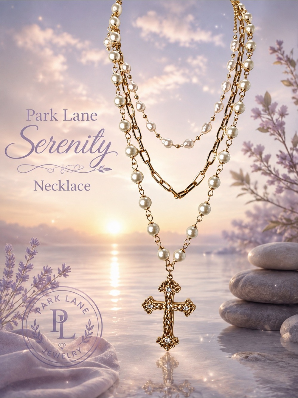 Park Lane Women’s Serenity Necklace 3-in-1 Gold Pearl Cross Layered Statement